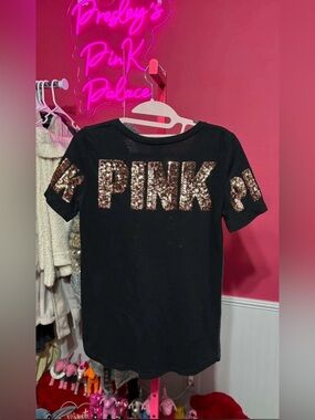 PINK Victoria's Secret Black Tee with Rose Gold Sequin Logo